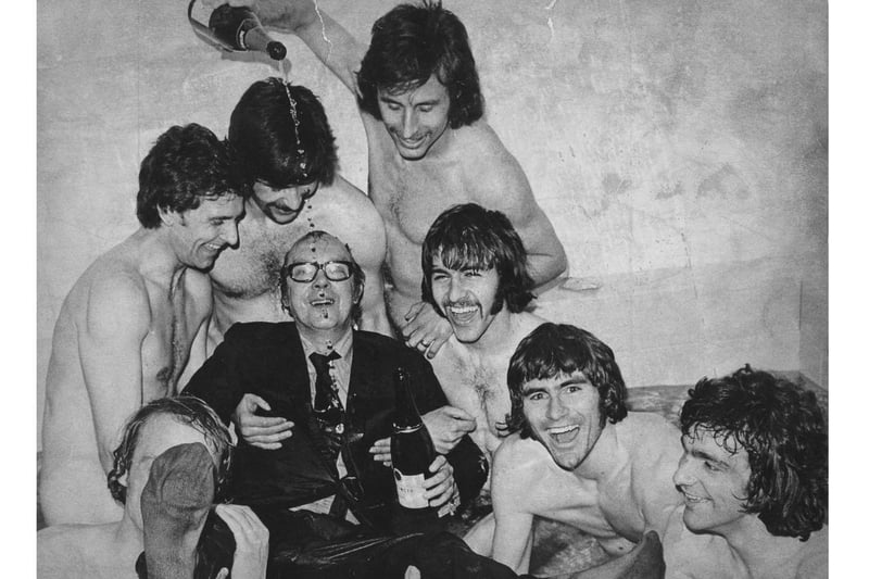 Eric Morecambe in the bath after promotion was won in 1974