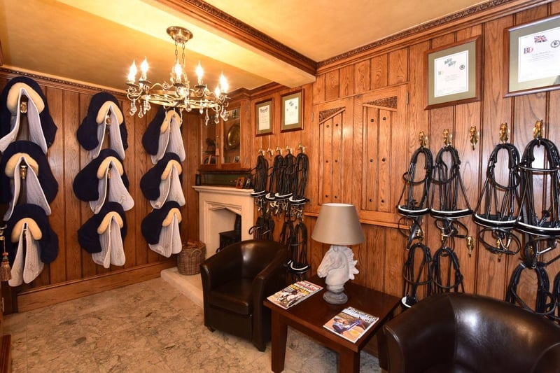 The manor has a heated tack room, boiler room, oak tack room, tractor barn, machine room, and tool shed.