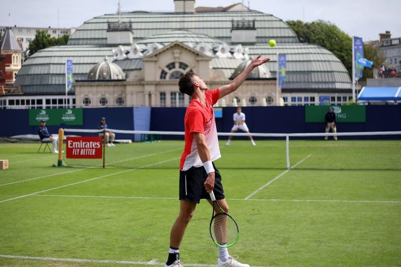 Alastair Gray on court on day four of the Viking International tennis tournament at Devonshire Park, Eastbourne / Picture - Charlie Crowhurst, Getty