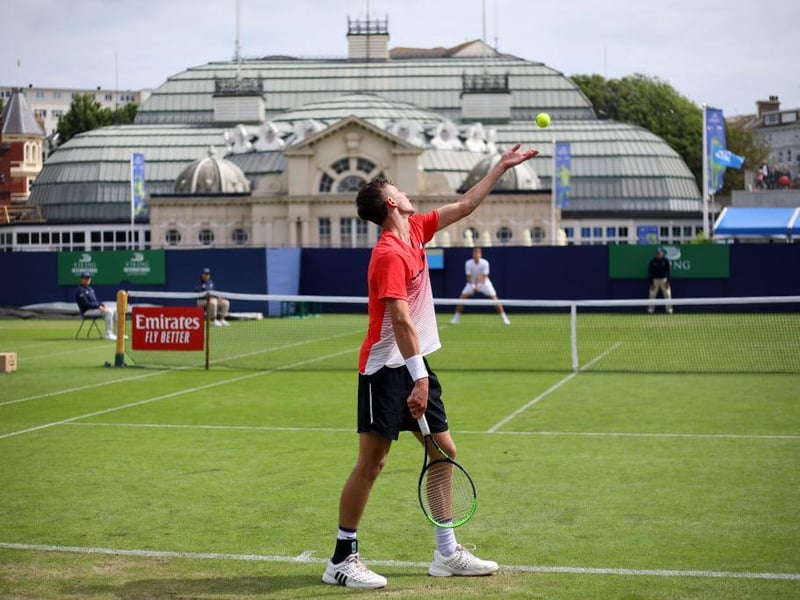 Alastair Gray on court on day four of the Viking International tennis tournament at Devonshire Park, Eastbourne / Picture - Charlie Crowhurst, Getty