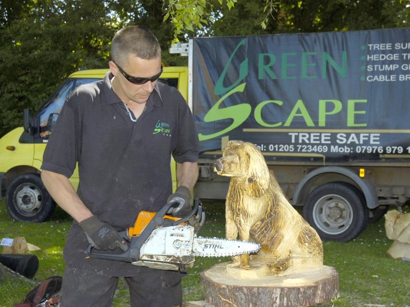 Graville Bray, Green Scape, Kirton, carving a dog using his chainsaw.