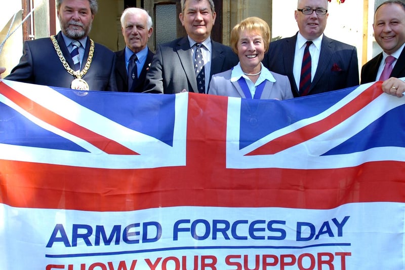 Banbury Mayor Colin Clarke raises a flg for The Armed Forces Day, at the town hall... Mayor Colin Clarke with Pete Lake, Brigadier Ian Inshaw, former mayors Tina Wren and Kieron Mallon, and town clerk Mark Recchia