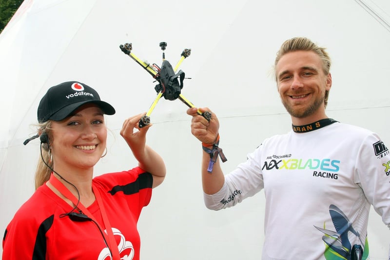 Drone racing competition - Mac Poschwald from Nexxblades and Jess Leech from Vodafone UK.