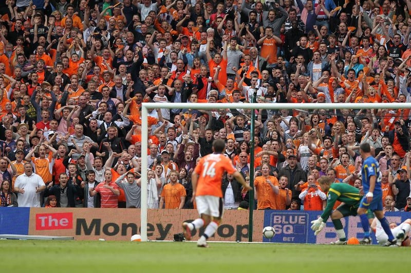 Jason Walker hits the post v Wimbledon at Manchester City in 2011 play off final