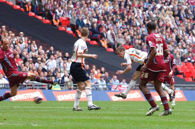 Tom Craddock scores the Hatters' second in the JPT final in 2009