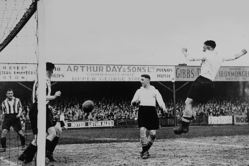 Joe Payne heads in on the way to promotion in 1937
