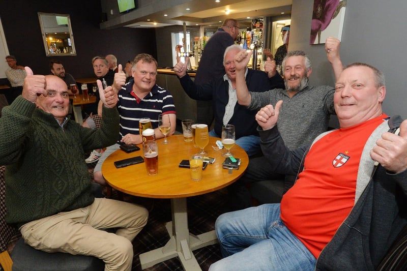 Fans celebrate Englands first goal at the Royalist in Market Harborough.