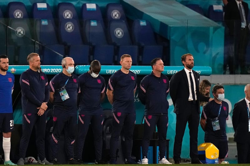 Gareth Southgate with his team during the National Anthem in Rome