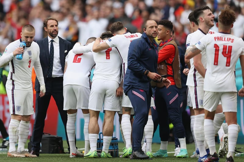Gareth Southgate with his team after Raheem Sterling scored against Germany