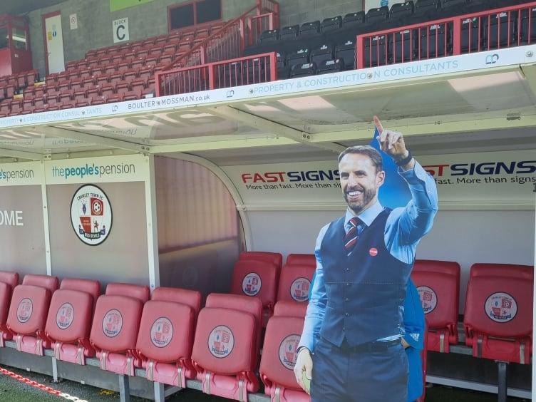 In the dugouts at Crawley Town Football Club
