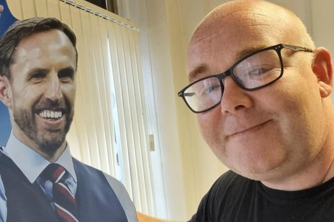 Daniel Armstrong with the cardboard cutout of Gareth Southgate