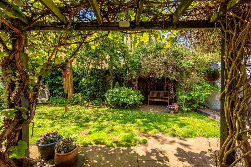 This vine-covered pergola is a charming spot in the garden