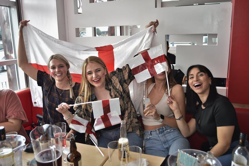 England fans watching the Euro 20 semi-final at the Coyotes Bar and Grill at New Road, Peterborough EMN-210707-230939009