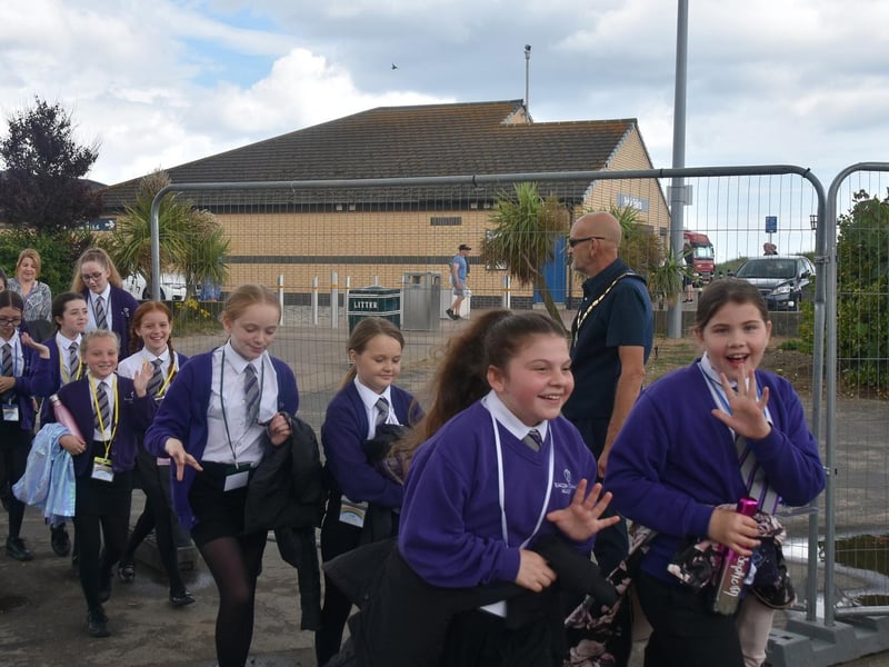 Excited children arriving at Skegness Vintage Fair.