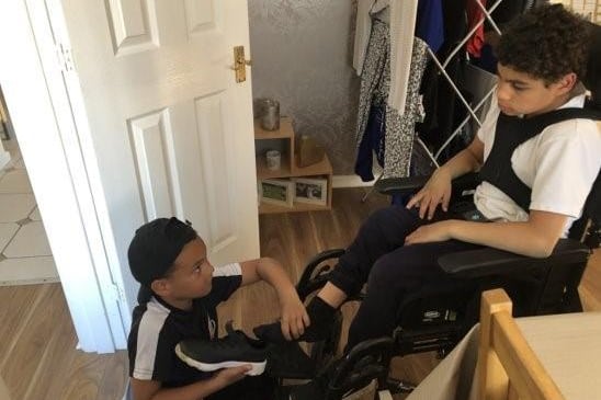 Lucas, eight, is photographed helping Jaden in his wheelchair. The photos were picked as they show that caring for someone is not just about hard work and chores, it’s also about enjoying life and having fun together