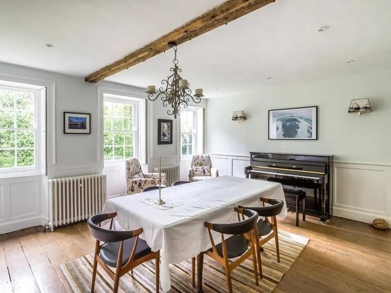 The dining room is bright and open.
