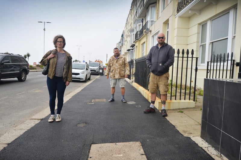 Tarmac has replaced paving slabs along Eversfield Place in St Leonards.L-R: Tanya Szendeffy, Adam Wide and Andrew Parish. SUS-210907-135355001