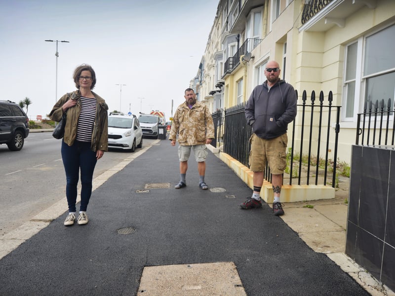 Tarmac has replaced paving slabs along Eversfield Place in St Leonards.
L-R: Tanya Szendeffy, Adam Wide and Andrew Parish. SUS-210907-135355001