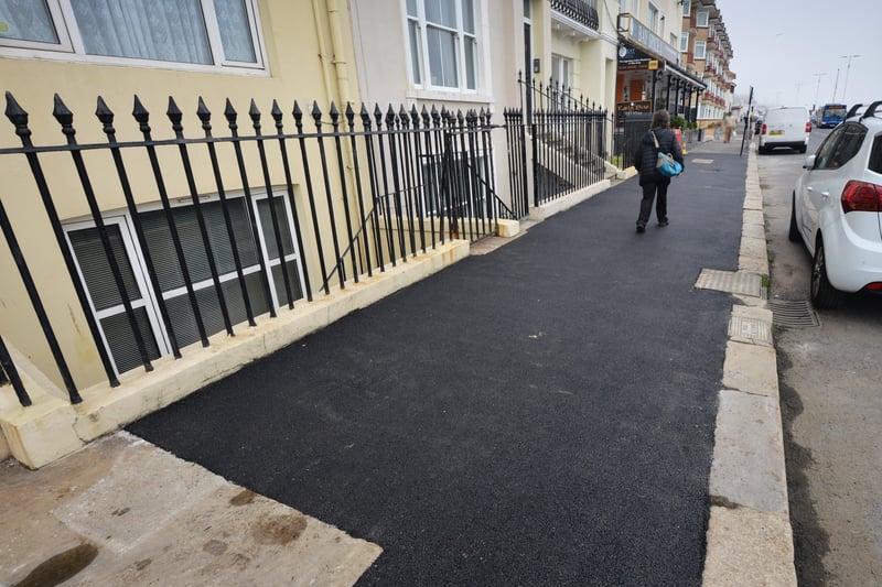 Tarmac has replaced paving slabs along Eversfield Place in St Leonards. SUS-210907-135435001