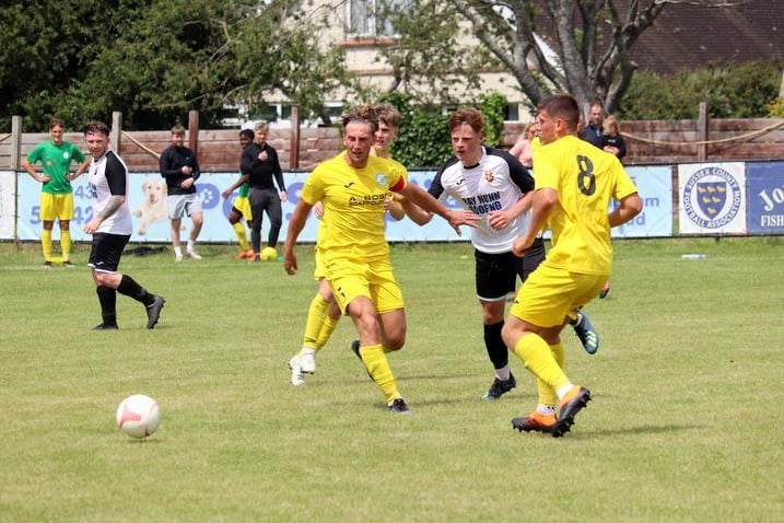 Action from Chichester City's 3-0 win at Pagham in the Dave Kew Trophy semi-final at Nyetimber Lane / Picture: Roger Smith