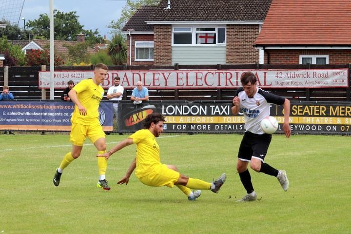 Action from Chichester City's 3-0 win at Pagham in the Dave Kew Trophy semi-final at Nyetimber Lane / Picture: Roger Smith