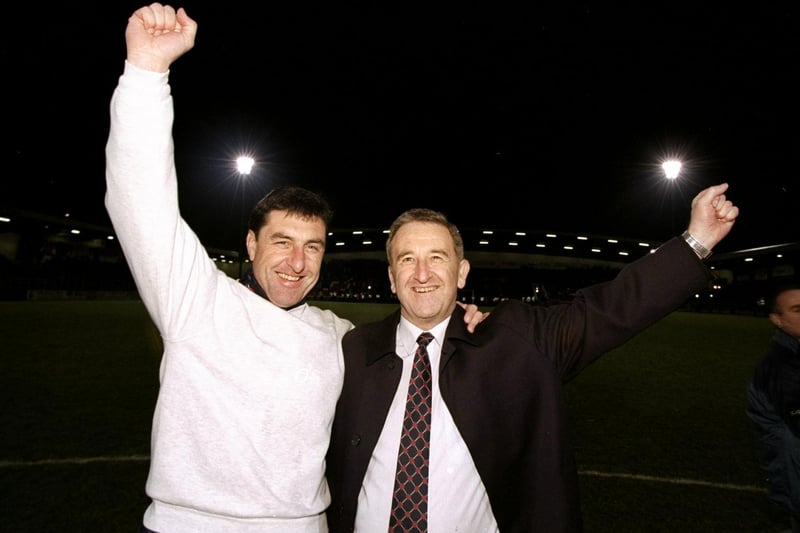 Max and Brian Talbot celebrate after Diamonds beat Doncaster 4-2 in the FA Cup in 1998. Credit: Shaun Botterill/Allsport