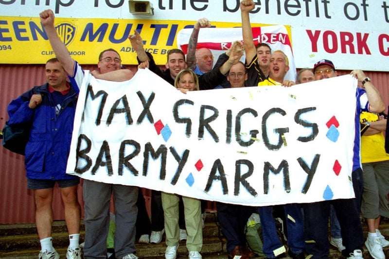 Max led the Diamonds to the Football League. Here are fans with their 'Max Griggs' Barmy Army' sign at their first match in the Football League at York.