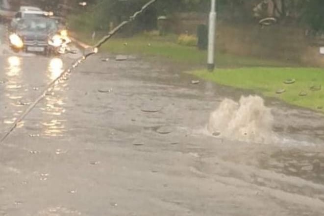 Another image from  Helen Starr in Longthorpe showing the danger as water push up from underground sewers and pipes displacing manhole covers in some locations .
