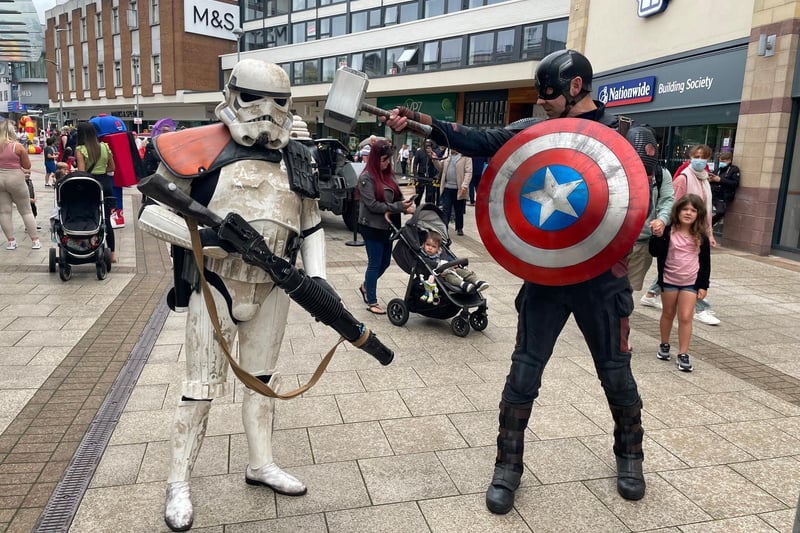 A Sand Trooper and Captain America go head to head