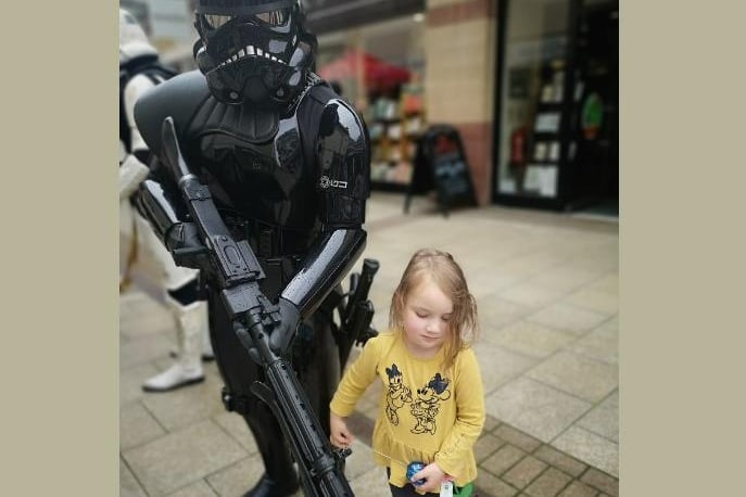 Three-year-old Lottie met a shadow trooper at Riverside Shopping Centre