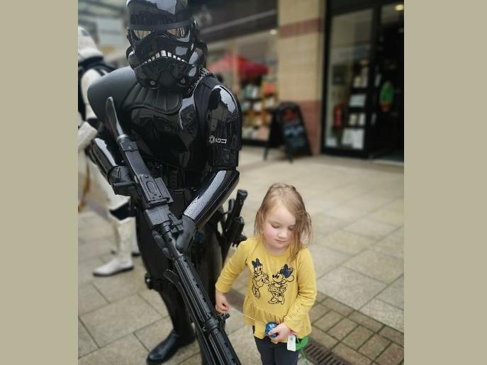 Three-year-old Lottie met a shadow trooper at Riverside Shopping Centre