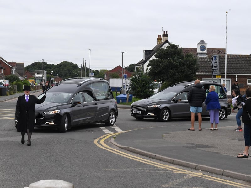The funeral cortege of Bethany Vincent, 26, and her son Darren ‘DJ’ Henson enters the Green at Chapel St Leonards.