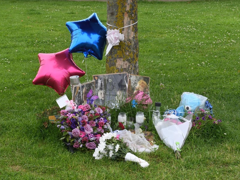 Floral tributes and balloons were left by DJ's tree on the Green. Purple was Bethany's favourite colour and blue represented DJ's love of Chelsea football team.