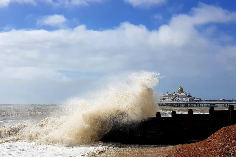Sea spray on Eastbourne seafront, east of the pier. Taken by Bob Newton with a Samsung S8. SUS-210716-120513001