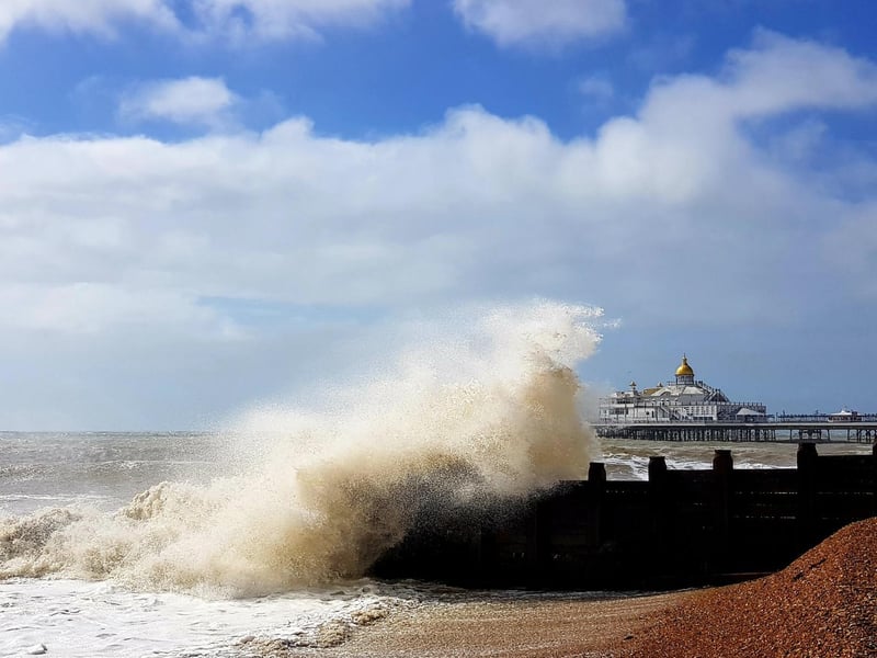 Sea spray on Eastbourne seafront, east of the pier. Taken by Bob Newton with a Samsung S8. SUS-210716-120513001