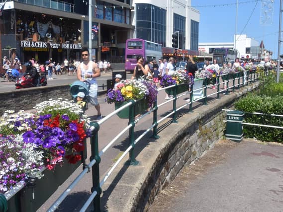 Flower baskets looking splendid near Compass Gardens in Skegness.