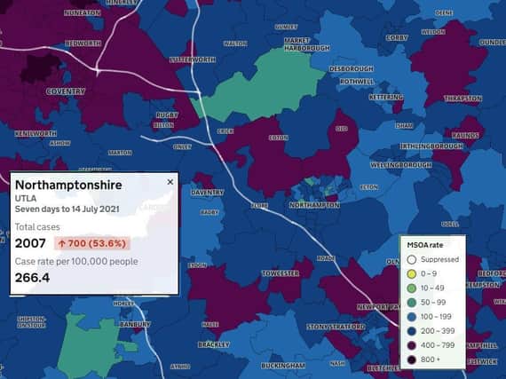 How Northamptonshire's Covid map looked on July 14 — five days before Freedom Day