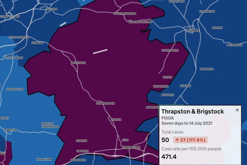 Cases in Thrapston & Brigstock more than doubled in the seven days to July 14
