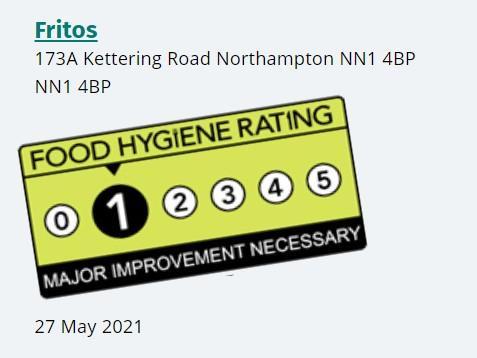 Fritos, Kettering Road, Northampton. Business type: Takeaway/sandwich shop. Inspected: May 27, 2021