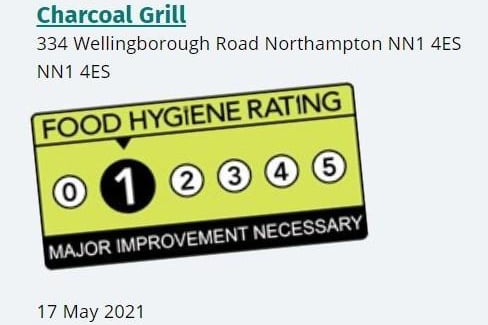 Charcoal Grill; Wellingborough Road, Northampton. Business type: 
 Restaurant/cafe/canteen. Inspected May 17, 2021