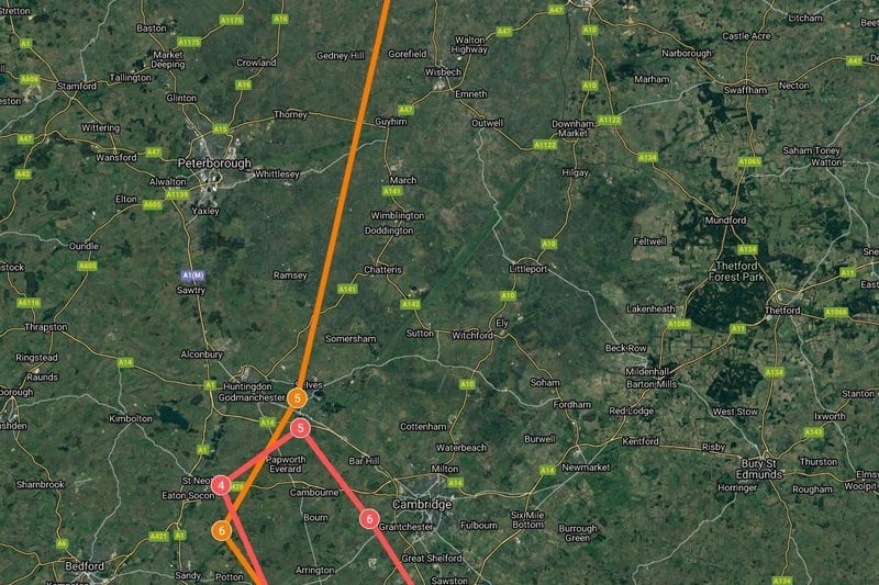 The planned Red Arrows flight path over Cambridgeshire on Saturday.