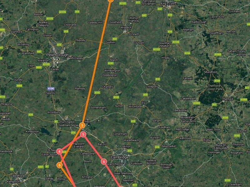 The planned Red Arrows flight path over Cambridgeshire on Saturday.