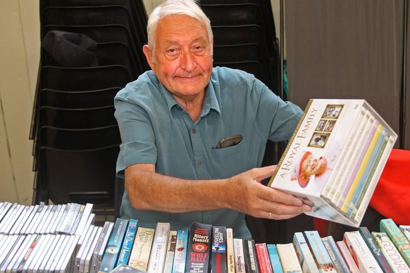 Geoffrey Priestnall with some of the books, CDs and DVDs that were on offer