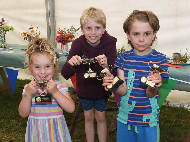 L-R Phoebe Carr 3, winner of A Posey of Garden Flowers, Jacob Pitcher 9, winner of vegetable alien, Ezra Davies 7, winner of garden on a plate and decorated pebble. EMN-210726-121457001