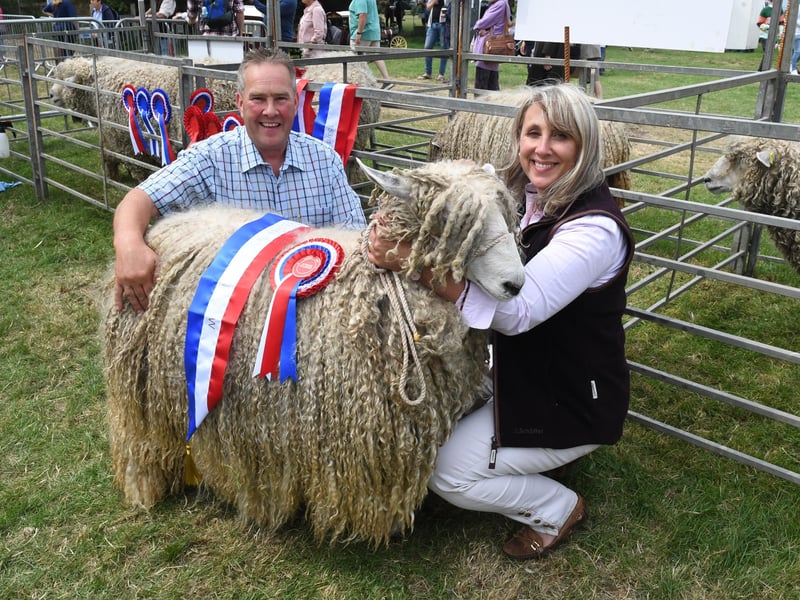 Ian and Louise Fairburn of Market Rasen with their Champion Lincoln Longwool, female in Wool. Also champion at Yorkshire Show and Driffield Show. EMN-210726-121708001