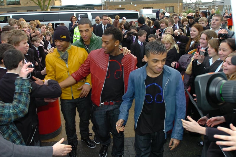 JLS arrive at Jack Hunt school to a great reaction from pupils.