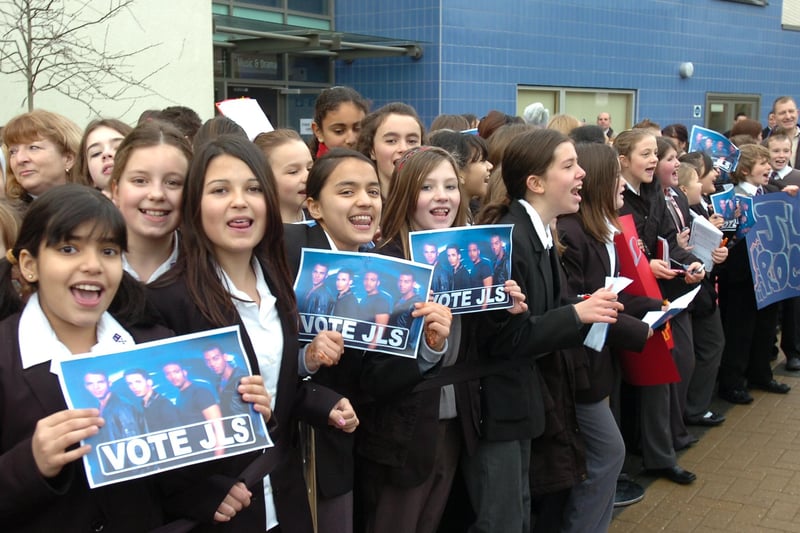Pupils at Jack Hunt school  show their support for JLS.