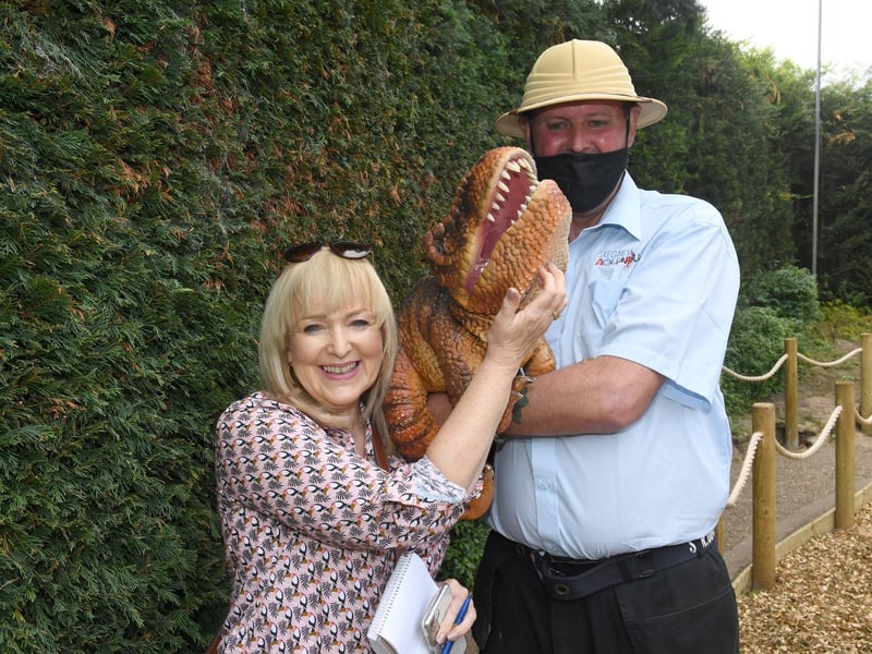 Reporter Chrissie Redford meeting Baby Dino Rex and Richard the Ranger.