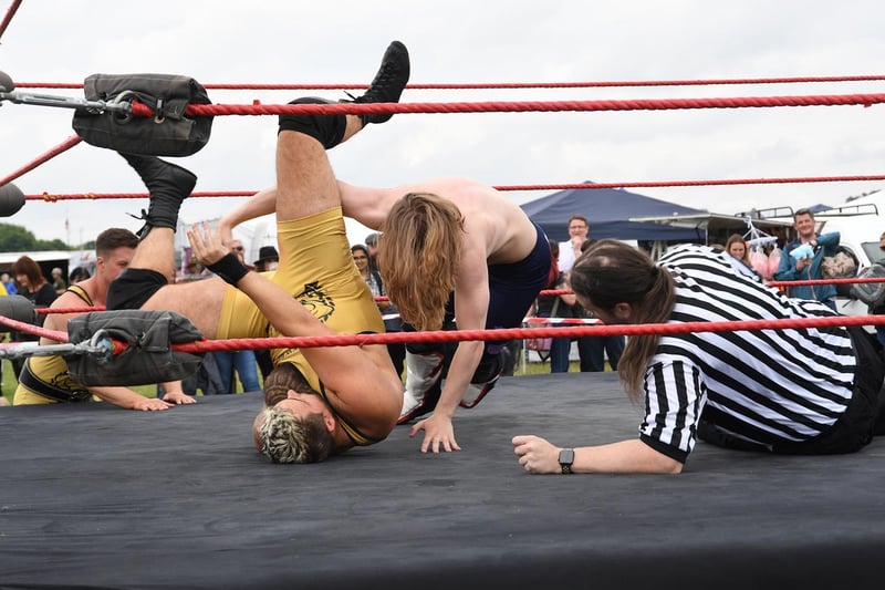 Wrestling action during the Summer Fayre at the Market Harborough Showground.