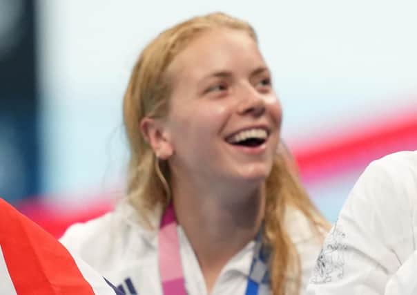 Great Britain's  Anna Hopkin with her Gold medal for the Mixed 4 x 100m medley relay at Tokyo Aquatics Centre . Picture: PA Wire/PA Images